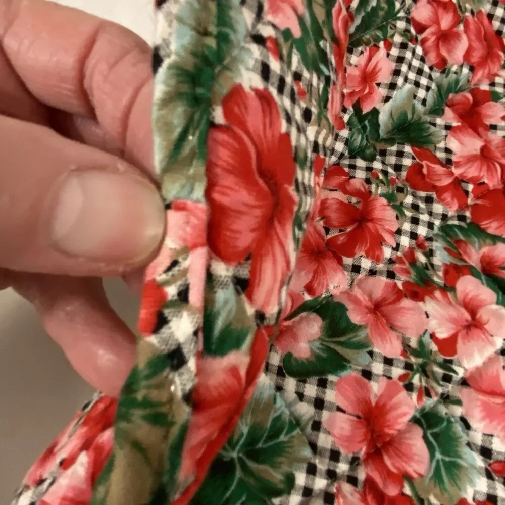 Set of 6 Vintage Floral Quilted Placemats Gingham Check Hibiscus Red Pink Oval